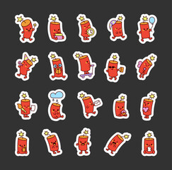 Dynamite cute kawaii cartoon character set showcasing fun emotions and actions, including celebrating with a party hat, reading a book, riding a scooter, sleeping with a nightcap, and more.