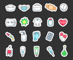 Comprehensive medical health set featuring essential tools and elements like nurse hats, pills, syringes, thermometers, bandages, bottles, blood bag, and more for healthcare support and hospital use