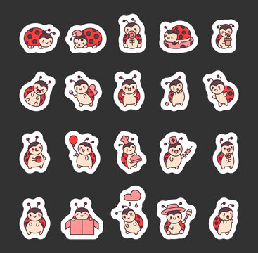 Ladybug character set demonstrating cute emotions and actions, from smiling and laughing to using magic, cooking, gardening, and enjoying various charming moments in a cute cartoon style.