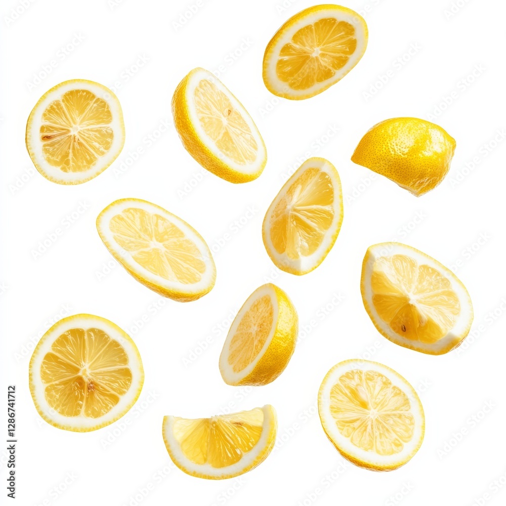Aufkleber fresh lemon slices dancing: a burst of citrus joy on a clean white background, perfect for summer re