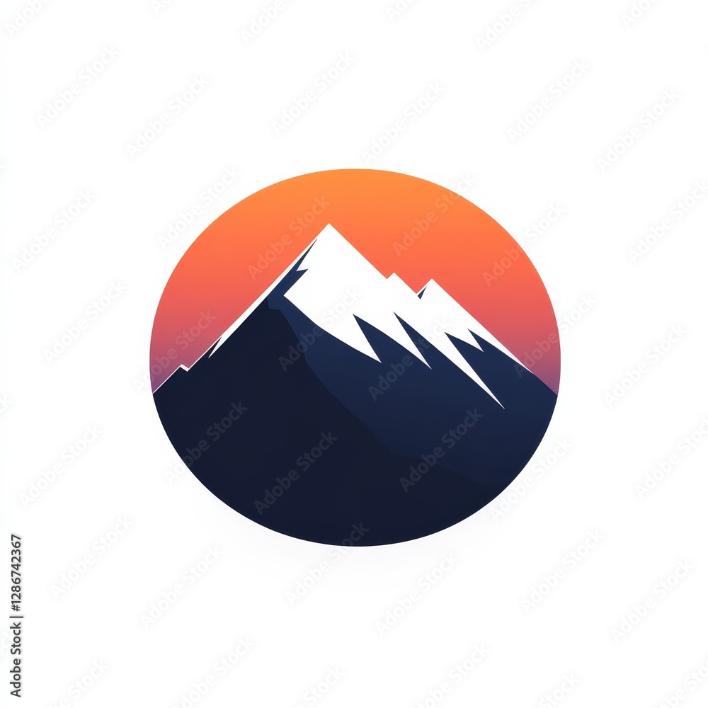 Poster Gradient Mountain Peak Illustration in Circular Frame with Snowy Summits and Warm Sky Hues
