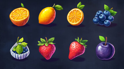 Fototapeta premium Fruit and berries icons for ui mobile game or casino slot machine. Vector cartoon set of food symbols, blueberry, orange, plum, strawberry, lemon and pear with white stripes