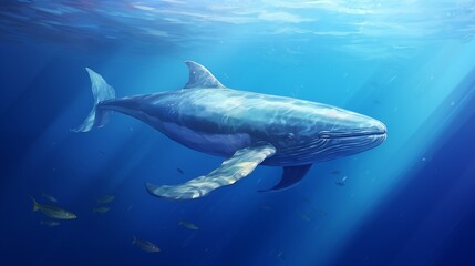 Obraz premium A whale swimming gracefully in deep blue water, left empty space, light sea green background,generative ai illustration