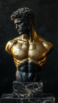 Man torso statue. Black and gold statue. Marble Statue of a Classical Male Figure. Muscular male torso sculpture. 