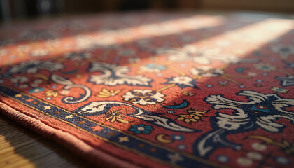 Ornate Rug Detailed Richly Patterned Woven Artistry Sunlight Streamed Surface