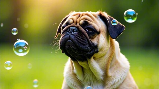 Curious pug fascinated by floating bubbles in lush green park