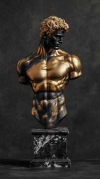 Man torso statue. Black and gold statue. Marble Statue of a Classical Male Figure. Muscular male torso sculpture. 