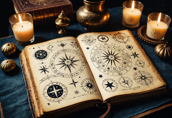 voodoo magic book and secrets of the universe, vintage mystical journal open with celestial astrology symbols and hand-drawn designs
