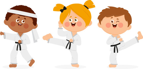 Martial arts children. Happy children training, girl and boys karate athletes in martial arts uniforms. Karate, Taekwondo, judo, jujitsu, kickboxing, or kung fu suits. Vector illustration © stockakia