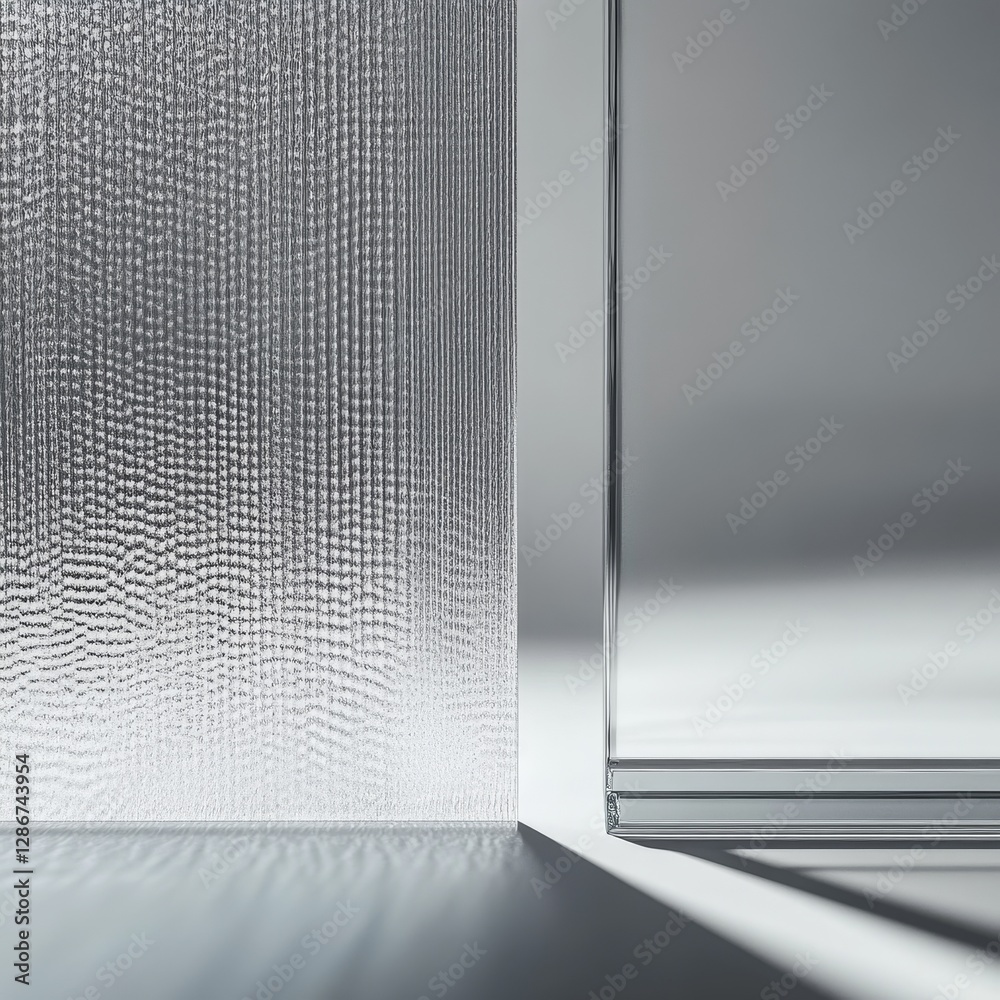 Fototapete minimalist abstract: textured glass and smooth reflections in cool gray tones and sharp shadows