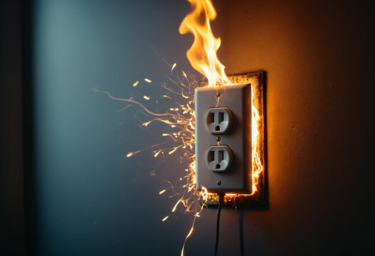 electrical outlet short circuit sparks fire hazard indoors, smoke and flames rising