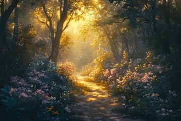 A forest path with trees and flowers, bathed in the golden glow of sunset.