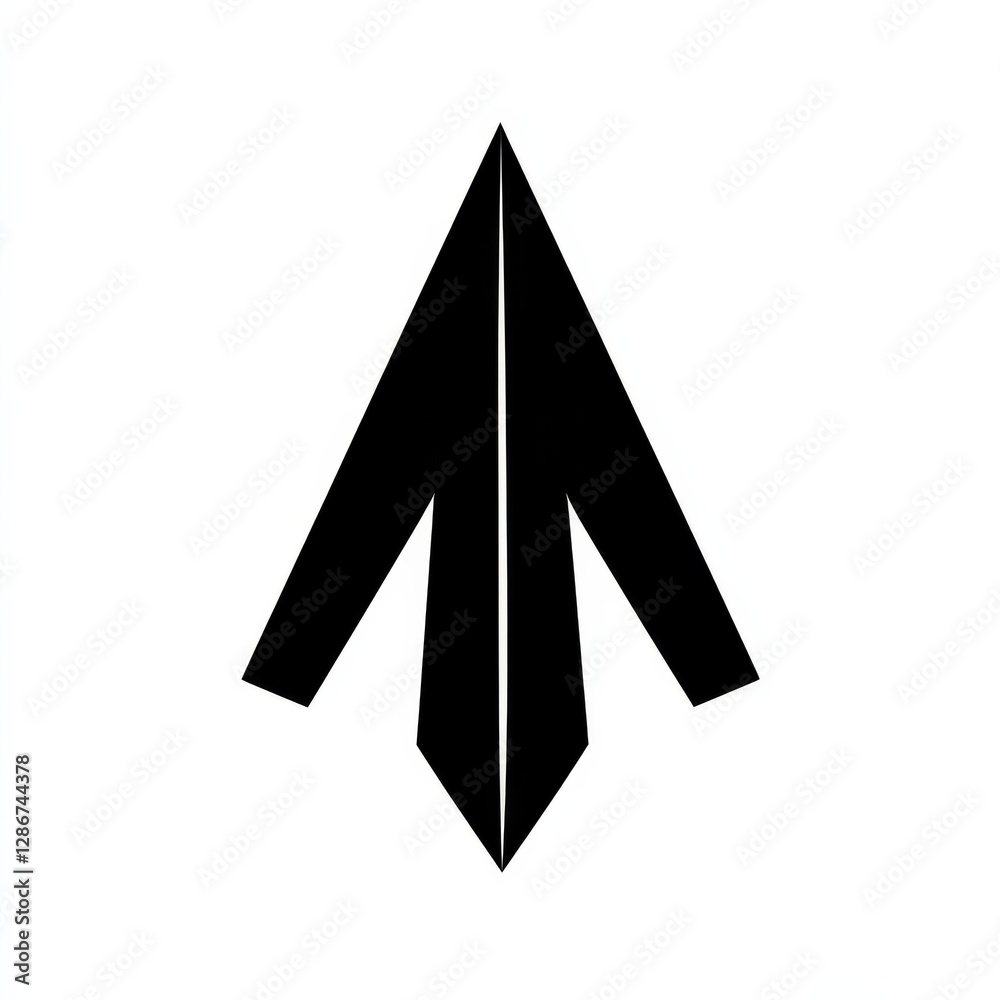 Poster minimalist black arrow design on white background, ascending symbolism and sharp geometrical form