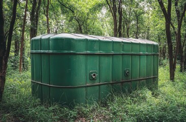 A green plastic water tank stands in the forest, surrounded by trees and grass