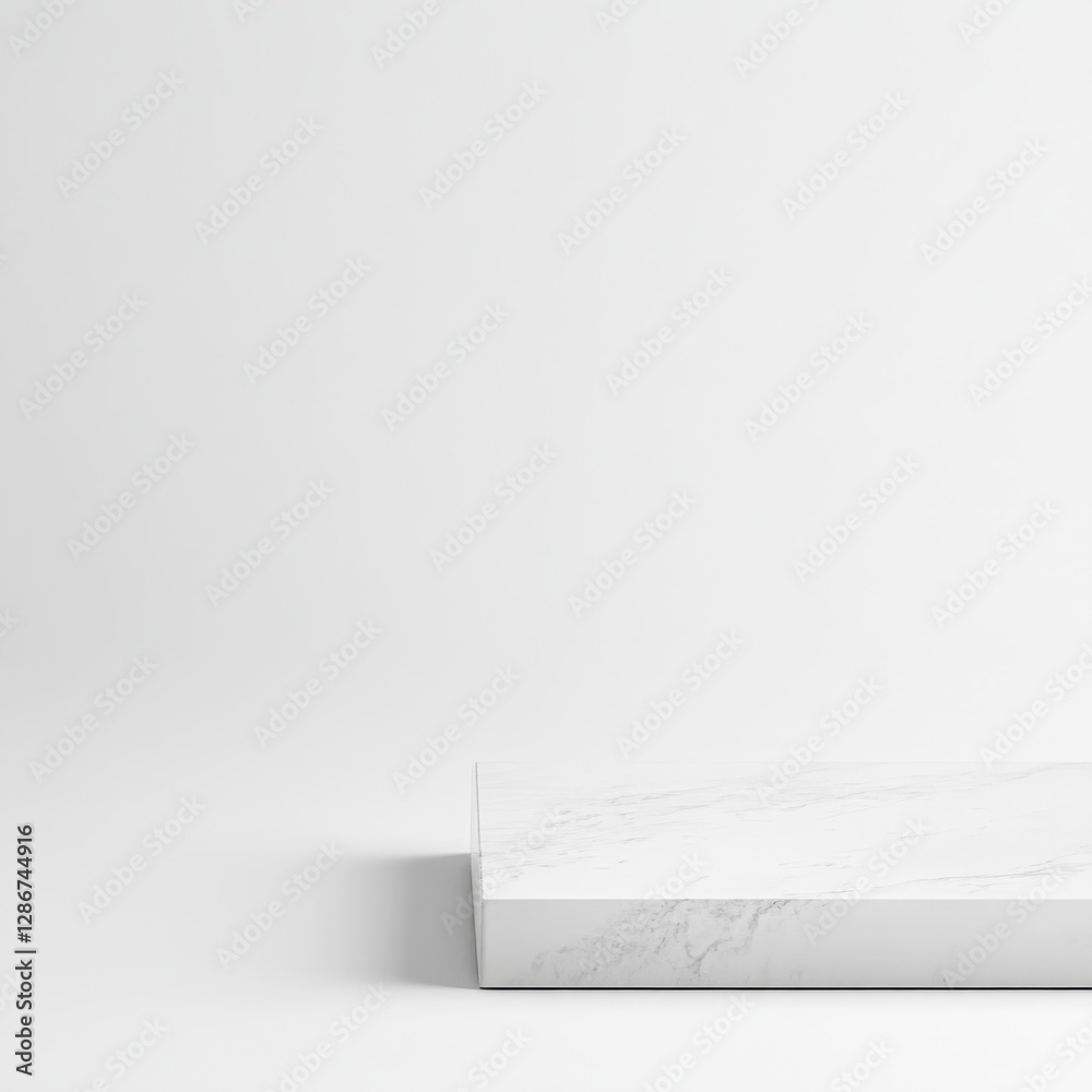 Poster minimalist white marble platform against a clean white background for product showcase or display