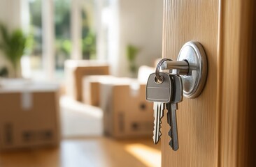 Naklejka premium A photograph of keys hanging on the door handle in an open room with moving boxes and furniture, indicating that someone is about to move into their new home