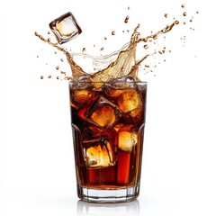 Refreshing Cola Splash: Ice Cubes Dropping into a Glass of Fizzy Drink, Creating a Dynamic and Refreshing Scene