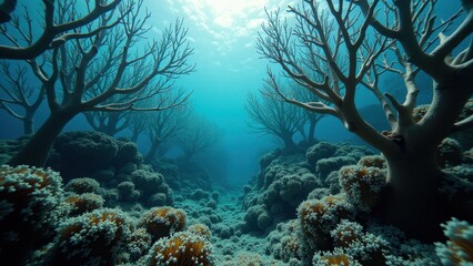 Underwater scene of dead coral reef with skeletal coral structures and clear ocean water	