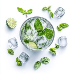 Obraz premium Refreshing Mojito: Top-Down View of a Chilled Cocktail with Ice, Mint, and Lime on a Clean White Background