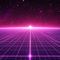 Retro Sci-Fi Landscape with Neon Grid and Starry Sky - A Journey to the Horizon with Glowing Lines and Cosmic Beauty