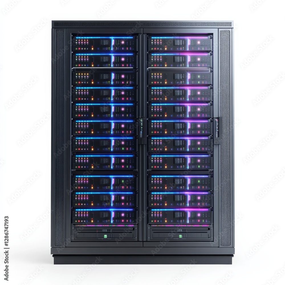 Leinwandbilder server rack front view with running servers and led lights on a white background, datacenter equipme