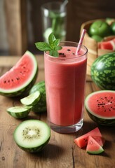 Watermelon cucumber smoothie in a clear glass placed next to a group of whole watermelons and cucumbers on a wooden surface , raw food, sliced snack, whole fruit