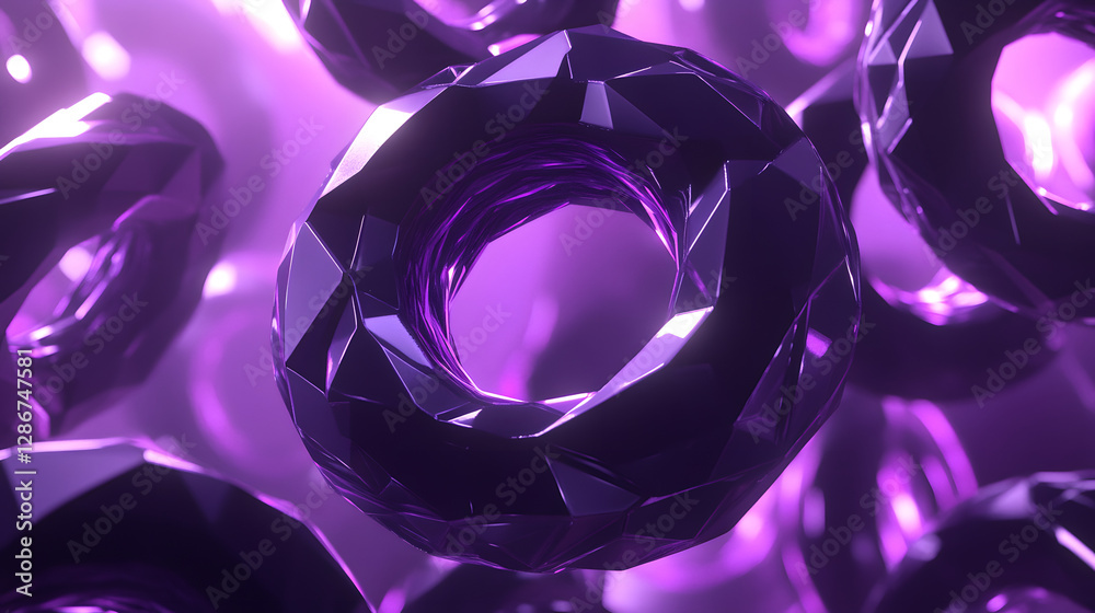 Poster futuristic rendering of shiny objects with a purple background in an abstract artistic composition