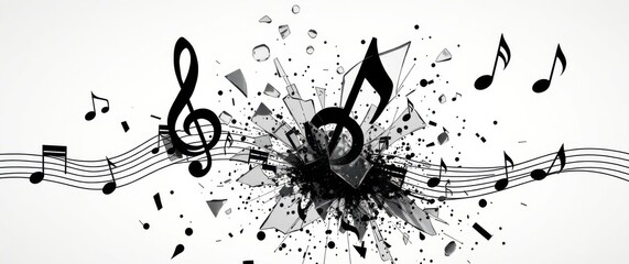Musical explosion: Notes shatter in a dynamic display of sound and visual fragmentation on white.