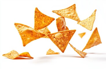 Close-up of triangular tortilla chips flying in the air, white background, food photography, high resolution