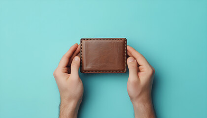 Man with empty wallet on light blue background, closeup. Space for text