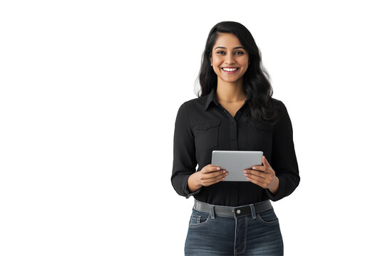 Portrait of a happy beautiful indian woman smiling and holding a tablet isolated on transparent background. png	
