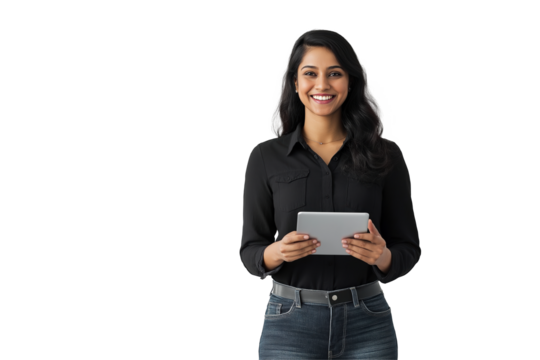 Portrait of a happy beautiful indian woman smiling and holding a tablet isolated on transparent background. png	
