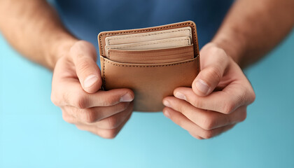 Man with empty wallet on light blue background, closeup. Space for text