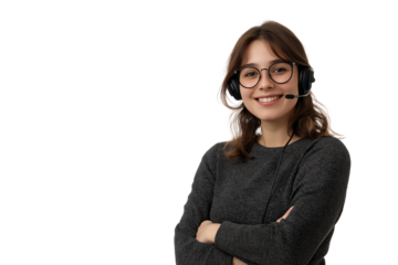 Smiling Customer Support Representative with Glasses and Headset in Casual Dark Sweater on a Transparent PNG Background