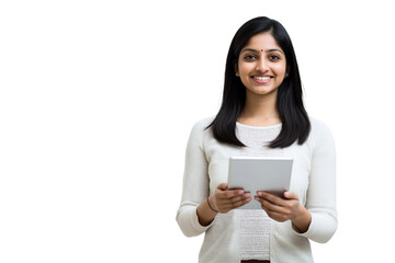 Smiling Indian Woman Holding a Tablet in Casual White Sweater on a Transparent PNG Background