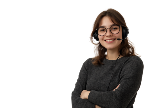 Smiling Customer Support Representative with Glasses and Headset in Casual Dark Sweater on a Transparent PNG Background
