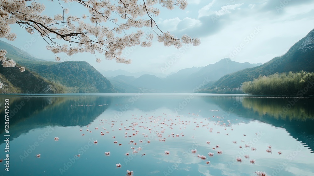 Aufkleber a serene lake with cherry blossoms floating on the surface. --ar 16:9 --style raw --v 6.1 job id: 80