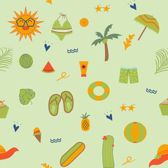Seamless pattern, summer set, pastel green, blue, yellow, orange, cute, bright, used for creating fabric patterns, backgrounds, wallpapers.