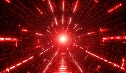 Red glowing digital data background with light effect and binary code, technology wallpaper vector illustration of a tunnel made from red square lights