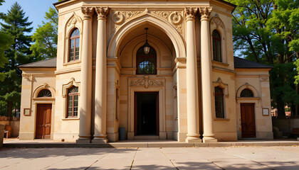 Fototapeta premium Elegant historical building with ornate arches in lush surroundings, tranquility
