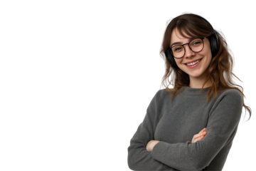 Smiling Young Woman Wearing Headphones – Happy Music Listener in Casual Grey Sweater with Glasses on a Transparent Background PNG