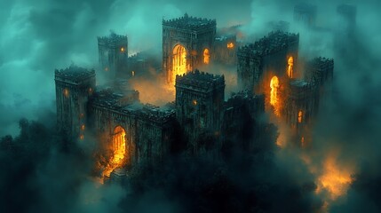 Burning Castle Enveloped in Eerie Mist Dramatic Night Scene. AI Generated