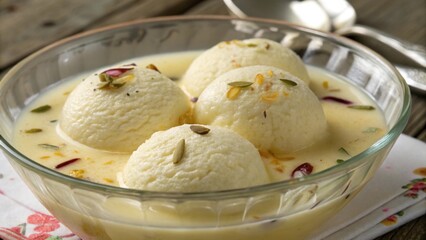 Delicious Ras Malai dessert served for Ramadan Kareem, featuring soft milk dumplings in creamy saffron-infused syrup.

