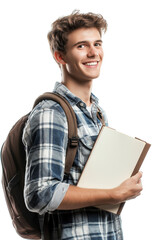 Obraz premium Smiling Young Male Student Holding Notebook – Happy College or High School Student with Backpack in Casual Plaid Shirt on a Transparent Background PNG
