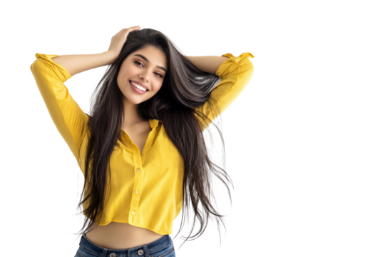 Cheerful Young Woman with Long Flowing Hair in Yellow Shirt Posing Playfully on a Transparent Background PNG