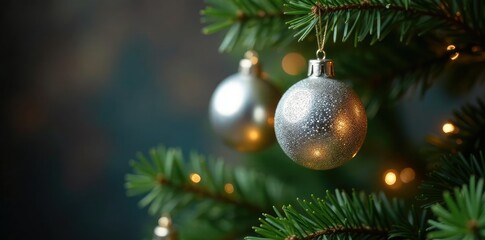 Twinkling silver ornaments adorn the Christmas tree branches, garland, christmas tree