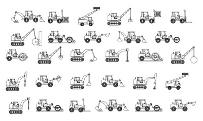 Obraz premium Construction vehicles and Agricultural machinery. Industrial transport vector icons 