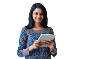 Portrait of a happy beautiful indian woman smiling and holding a tablet isolated on transparent background. png