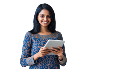 Portrait of a happy beautiful indian woman smiling and holding a tablet isolated on transparent background. png