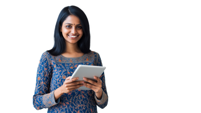 Portrait of a happy beautiful indian woman smiling and holding a tablet isolated on transparent background. png - Powered by Adobe